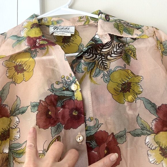 Vintage 70s Sheer Chiffon Blouse Floral Size 10 "Teddi of California" Shirt - Picture 11 of 13